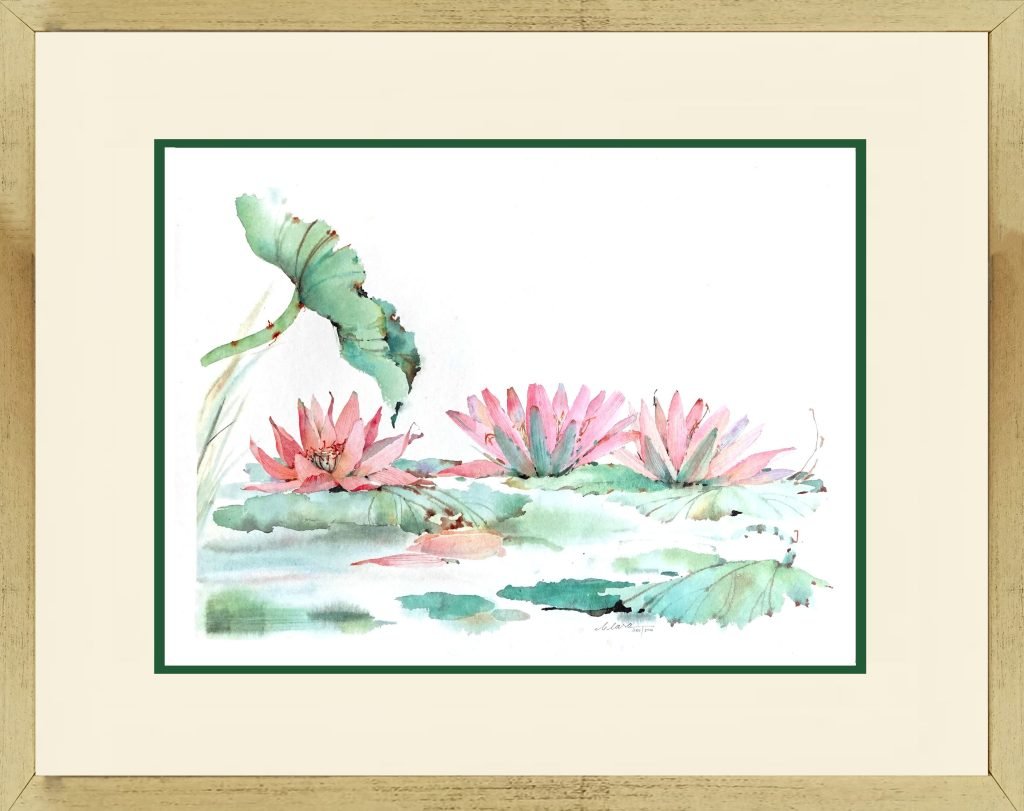 watercolour Painting of a Lotus Pond and Lily Flowers B